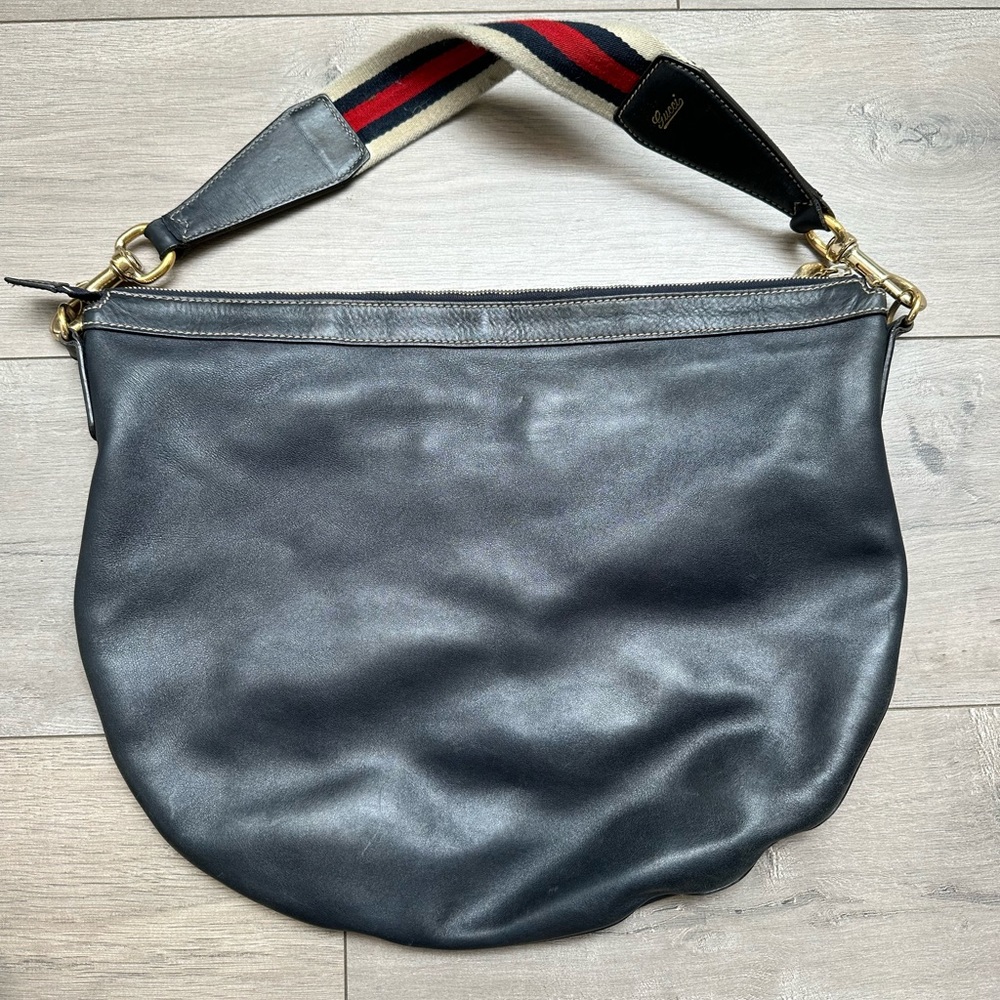 Gucci navy leather hobo bag with nautical woven strap